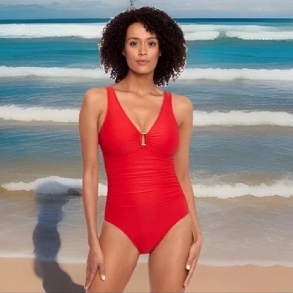 Ralph Lauren Red Ring Over The Shoulder Polished Gold Tummy Control 1Pc Swimsuit